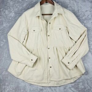 Womens Corduroy Peplum Shacket Cream Button Down Long Sleeve Top Shirt